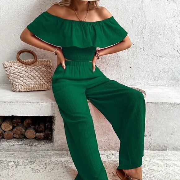 Green Boho Womens Off Shoulder Ruffle Trim Top & Wide Leg Pants - Picture 4 of 5